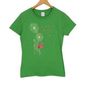 Green T-Shirt with Flamingo and Dandelion Design – Size M, Port & Company
